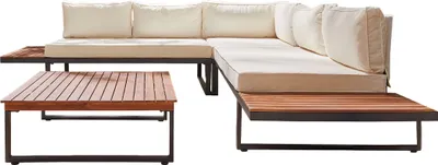 Image de Best Mobilier Yulara - salon bas d'angle de jardin 5 places - bois, métal et coussins beiges , Noir / Bois / Beige