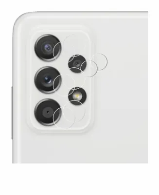 Close-up of a smartphone camera module with several circular lens protectors.