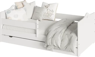 A white children's bed with a mattress and bedding, including pillows and a duvet. The bed has a drawer underneath and a side rail for safety.