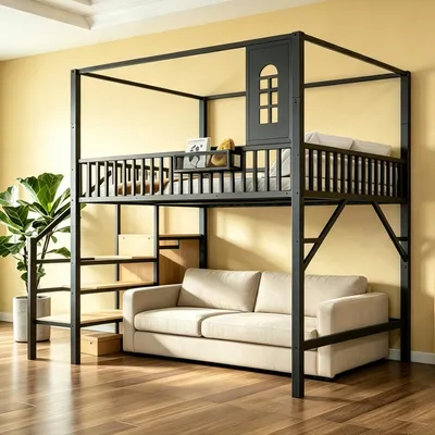Productafbeelding van Merax hoogslaper, etagibed, 140x200 cm, van metaal, met dakframe, veiligheidsladder, kinderbed/tienerbed met opbergruimte in de trap en kledingroede, zwart
