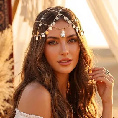 Produktbild von Goldene Kopfkette mit Pailletten und Quaste, Haarschmuck für Braut, Party und Festival