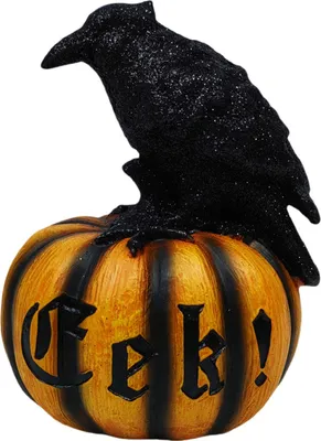 Produktbild von Halloween-Skelett-Kürbisstatue, gruseliger Kürbis mit Totenkopf-/Krähen-Skulptur, Halloween-Innendekoration aus Kunstharz für Zuhause, Büro, Schreibtischdekoration