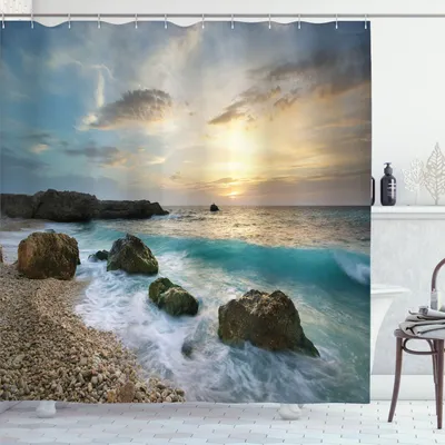 Image de Rideau de douche ABAKUHAUS Océan, composition naturelle avec vue sur la mer, ciel nuageux, vagues déferlantes, plage ensoleillée, 175 x 180 cm, marron, bleu, jaune