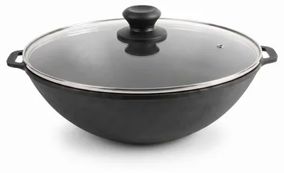 Produktbild von Gusseisen Wok 36 cm mit Glasdeckel Kazan 8 L flacher Boden – Kessel für alle Herdarten, Induktion, Gas & Elektro – großer Asia Wok für Plov, Fleisch, Gemüse & Eintöpfe