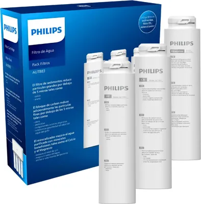 A box of Philips water filters with several filters displayed in front of it.