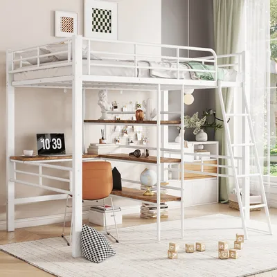 A white metal loft bed with a desk and shelves underneath, set up in a room with a window and curtains.