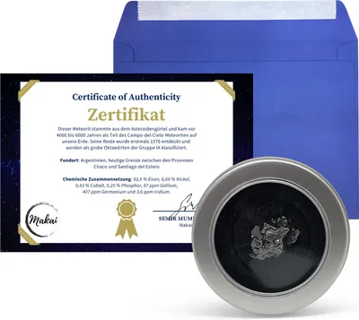 Immagine prodotto di Meteorite Makai autentica stella cadente Campo del Cielo corpo celeste dall'Argentina con  di autenticità Biglietto da visita incl. scatola di latta con finestra di visualizzazione in confezione sostenibile come regalo o da collezionare
