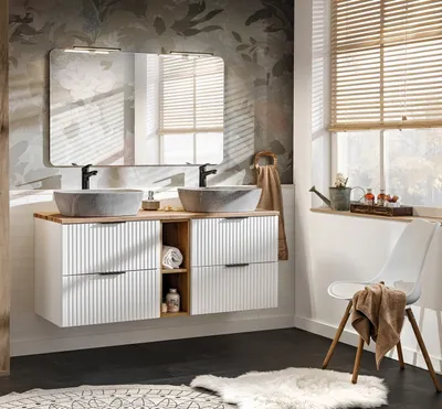 Produktbild von Design Badmöbel Set mit 2 Waschbecken ADEL WEISS 140 cm MDF SOFT-CLOSE Waschtisch Spiegel