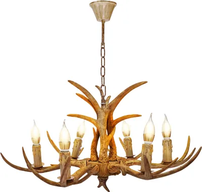 A chandelier made of faux antlers with six candle-shaped lights, presented against a white background.