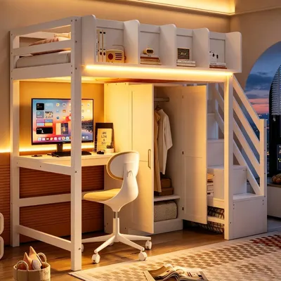 Produktbild von Hochbett 90x200cm aus Holz in Weiß mit Schreibtisch, Kleiderschrank, Aufbewahrungsleiter, LED-Beleuchtung und Steckdosen für Jugendzimmer