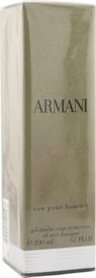 Hochformatige Verpackung des Armani All Over Shampoo, 200 ml, in olivgrünem Design mit eleganter schwarzer Schrift und silbernem Boden.