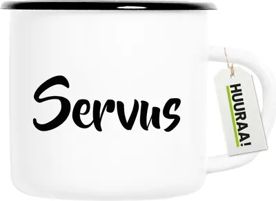 Produktbild von Huuraa Emaille Tasse Servus Schriftzug 300ml Vintage Campingbecher Geschenkidee