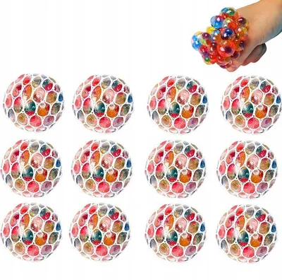Produktbild von 12x Quetschbare Gelbälle im Netz, bunte Anti-Stress-Trauben, sensorische Bälle