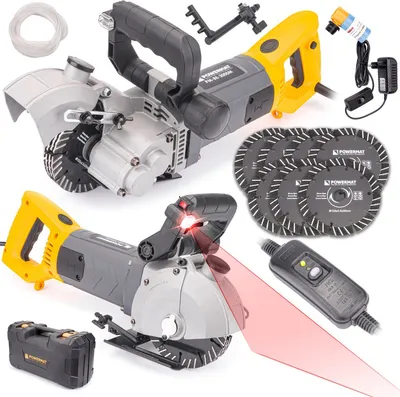 A collection of wall chaser tools and accessories, including multiple cutting discs, a remote control, and a water reservoir, arranged on a white background.