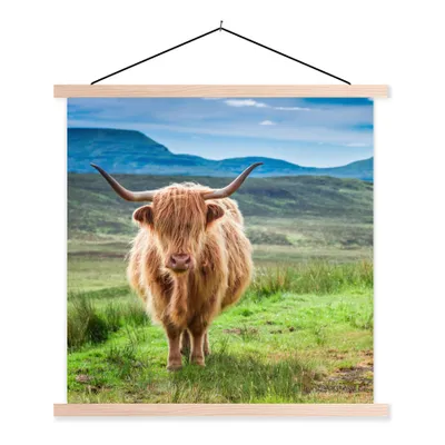 Produktbild von MuchoWow® Textilposter Schottischer Hochländer - Kuh - Natur - Berg - Gras 60x60 cm mit holzfarbenen Rahmen - Wanddekoration