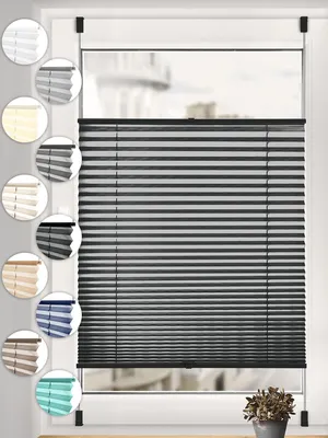 A collage of different colored blinds shown as circular swatches next to a window with black blinds installed.