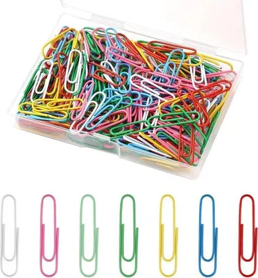 Immagine prodotto di Grandi graffette multicolori di grandi dimensioni con confezione in cartone, ideali per la scuola e l'amministrazione.