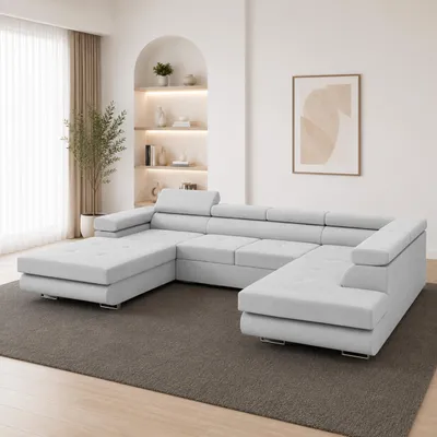Produktbild von GOLDSTOFF VENUS U‑Form Ecksofa mit Schlaffunktion 345 × 205 cm | U‑förmige Schlafcouch mit 2 Bettkästen und 4 Kopfstützen (grau)
