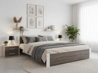 Produktbild von IKAROS Bett 160 x 200 cm, Eiche weiß/Trüffel, Matratze: ohne Matratze, Lattenrost: mit Lattenrost