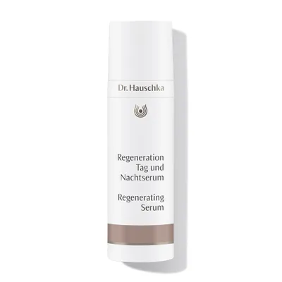 A product shot of a white bottle of Dr. Hauschka Regenerating Serum against a white background.