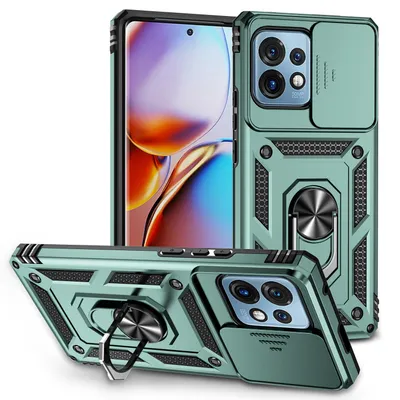 Immagine prodotto di Custodia per Motorola Edge+ (2023) a doppio strato con copertura scorrevole della fotocamera e supporto ad anello verde