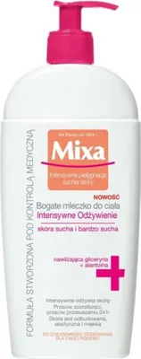A white bottle of Mixa body milk with a pink pump dispenser.