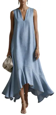 Produktbild von Elzusha – Langes, denimfarbenes Maxikleid für Damen mit V-Ausschnitt und ärmellosem Design