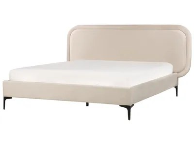 Produktbild von BELIANI Polsterbett Hellbeige Samtstoff Gesteppt mit Lattenrost 140x200 cm Hohes Kopfteil Schwarze Metallbeine Modern Schlafzimmer Doppelbett Ehebett