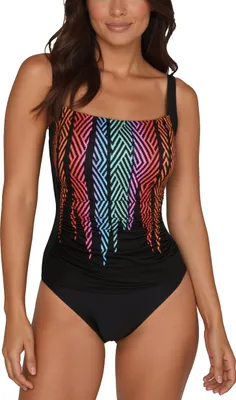 Produktbild von Vivisence Damen Badeanzug Einteilig Bauch Kaschieren Gepolsterte Cups Breite Verstellbare Träger Gefüttert Vorne Buntes Muster Ideal Für Strand Und Schwimmbad, Schwarz-Mehrfarbig,90D