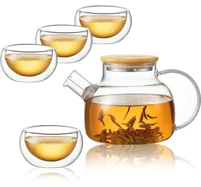 Produktbild von Teekanne Glas 900ml mit 4 Teegläsern 100ml, Herdplattensicher, Doppelwandig, Geschenkset