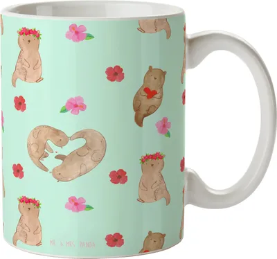 Produktbild von Mr. & Mrs. Panda Tasse Otter Herz - Türkis - Geschenk, Kaffeetasse, Liebe, Geschenktasse, Becher, Kaffeebecher, Hochzeitstag, Seeotter, Pott