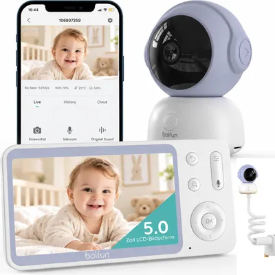 Produktbild von 2K Babyphone mit Kamera und App IR Nachtsicht PTZ 360° Bewegungsverfolgung sicherer Datenschutz 5 Zoll WLAN Video Babyfon Halterung