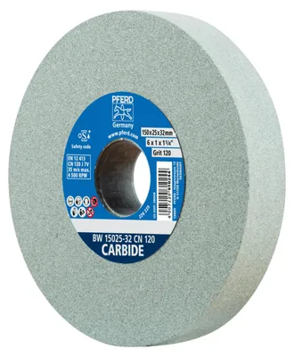 Produktbild von PFERD Schleifbockscheibe Ø 150x25 mm Bohrung-Ø 32 mm SiC120 für harte Materialien z.B. Hartmetall, Schleifscheibe, Wolframcarbid, Siliziumkarbid, Siliciumcarbid, 4500 RPM, Grau