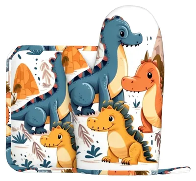 Produktbild von Ofenhandschuhe und Topflappen, hitzebeständig, rutschfest, mit Dinosaurier-Druck, 2 Stück