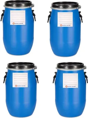 Produktbild von kanister-vertrieb® 4 Stück 30 Liter Deckelfass, Kunststofffass, Futtertonne, Fass, Plastikfass Farbe blau inkl. Etikett (4x30 D)