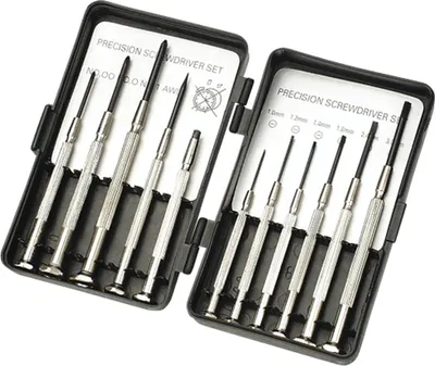 A set of precision screwdrivers laid open in their case.