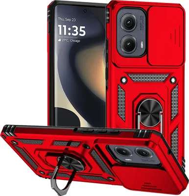 Produktbild von Hülle für Motorola Edge (2024) mit Schiebe Kamera Schutz und Ringhalter Ständer Hybrid Schutzhülle Rot