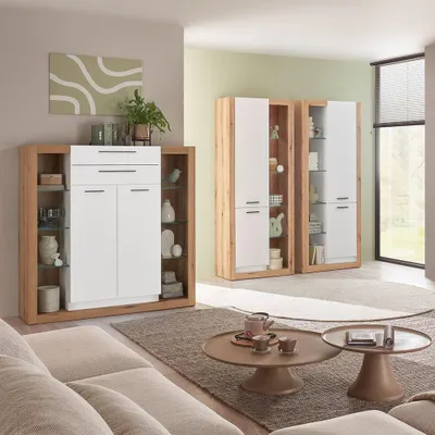 Produktbild von Wohnzimmer-Set mit 2 Vitrinenschränken & Highboard in Eiche mit weiß matt, modern, 3 teilig BELLAGIO-61
