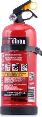 A red fire extinguisher is shown against a white background. It has a black handle, a yellow safety latch, and a pressure gauge. There is text and symbols on the body of the extinguisher.