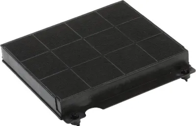 A black charcoal filter for a kitchen hood.