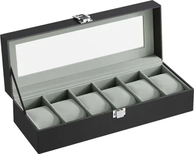 Obrázok produktu pre SONGMICS Box na hodinky pre 6 hodiniek, puzdro na hodinky so skleneným vekom, puzdro na hodinky so zámkom