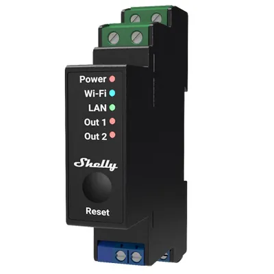 Obrázok produktu pre Shelly - Horná lišta - "Pro 2PM" - Relé - max. 25A - 1 fáza - 2 kanály - Meracia funkcia - WLAN - LAN - BT (Shelly_Pro_2PM)