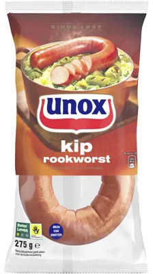 Produktbild von Unox Rookworst Kip 275g – Geräucherte Hähnchenwurst, herzhaft & saftig