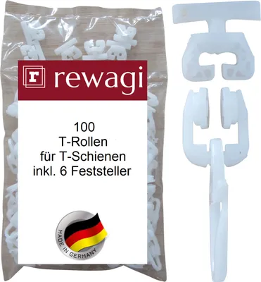 Produktbild von rewagi® 100x T-Rolle mit Faltenhaken + 6 Feststeller – Weiß – Kunststoff – für T-Schiene - SLU