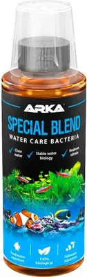 A bottle of aquarium water treatment product with an illustration of fish and aquatic plants.