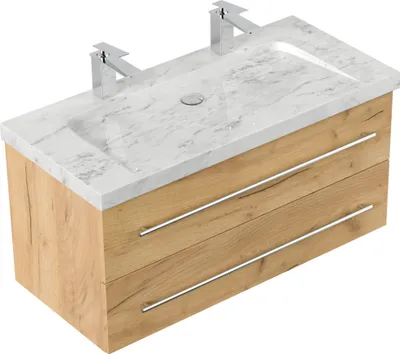 Produktbild von Badmöbel Waschplatz Marmor Carrara White "YAMO 100" 2 Hahn Eiche Gold