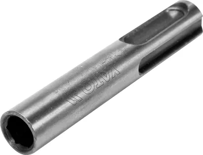A close-up, studio shot of a metal tool adapter against a white background.
