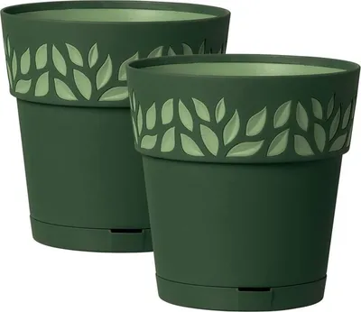 Two green plant pots with a leaf pattern on the rim, shown from a slightly elevated angle.