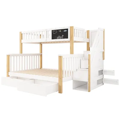 Produktbild von okwish Etagenbett Kinderbett 90*200cm&140*200cm,mit Tafel und Schubladen, weiß+helle Eiche- Ohne Matratze