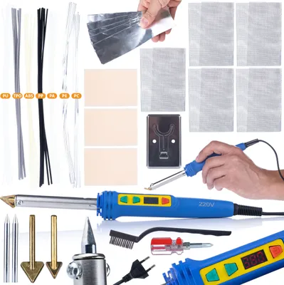 Immagine prodotto di Rosfix Blue Kong 120W RBK120W Saldatore per Plastica + Kit per Plastica (PU, TPO, PC, PP, PE, ABS, PA), 5 Griglie, Cacciavite, Punte, Supporto